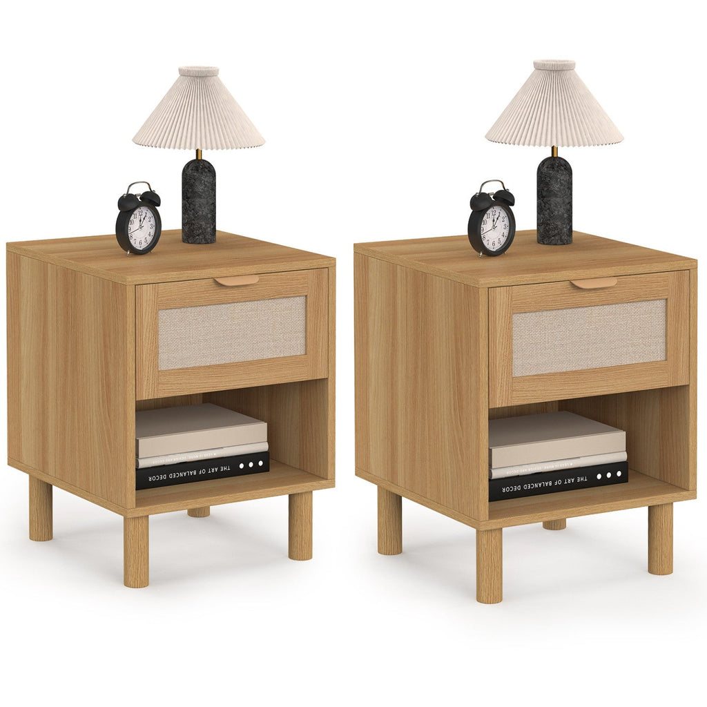 Lot de 2 tables de chevet ROBIN 1 tiroir avec niche bois et tissu effet lin