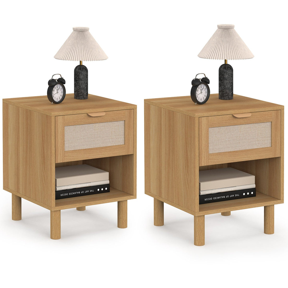 Lot de 2 tables de chevet ROBIN 1 tiroir avec niche bois et tissu effet lin