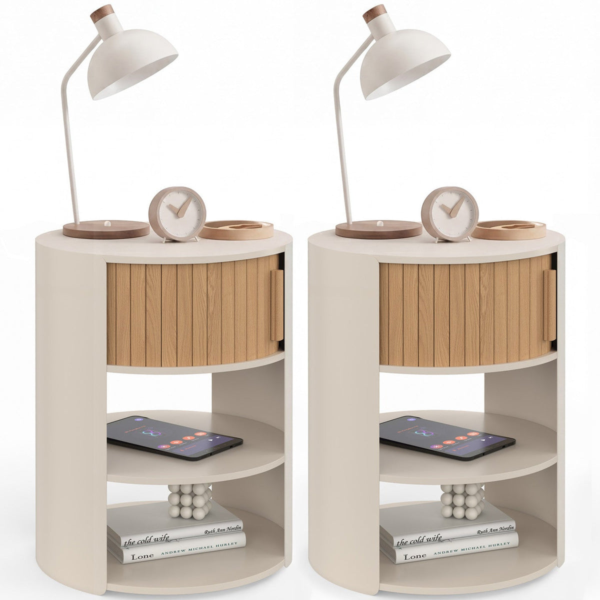 Lot de 2 tables de chevet rondes TONO beige avec 1 porte coulissante effet lattes table d'appoint
