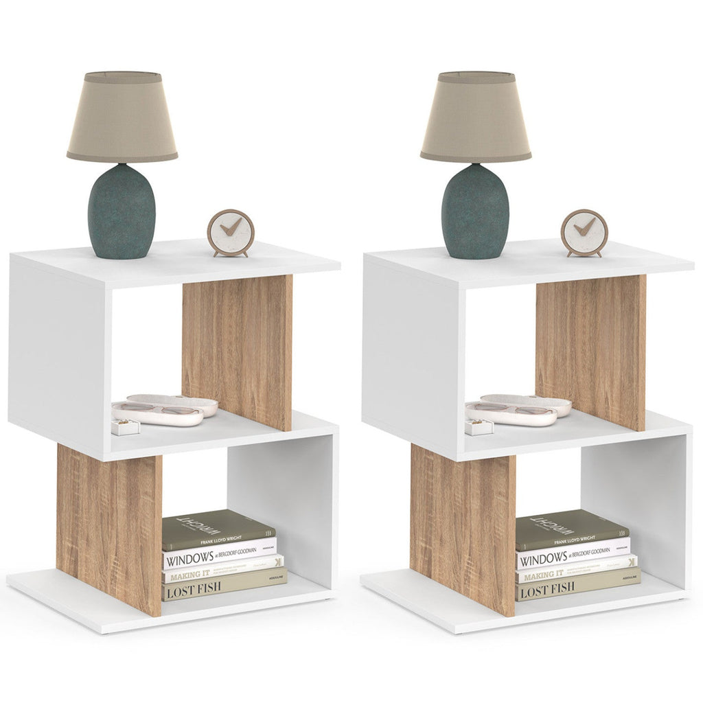 Lot de 2 tables de chevet SOFIA forme S avec rangements ouverts blanc et effet hêtre