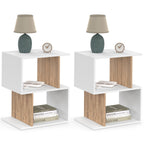 Lot de 2 tables de chevet SOFIA forme S avec rangements ouverts blanc et effet hêtre