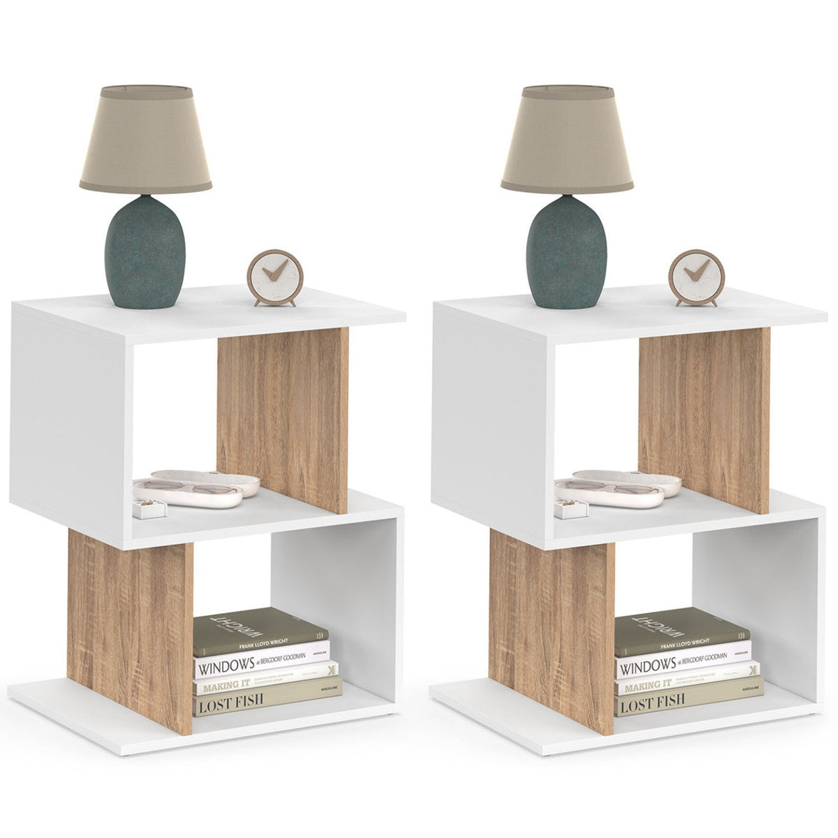 Lot de 2 tables de chevet SOFIA forme S avec rangements ouverts blanc et effet hêtre