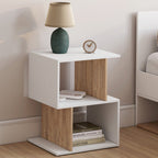 Lot de 2 tables de chevet SOFIA forme S avec rangements ouverts blanc et effet hêtre