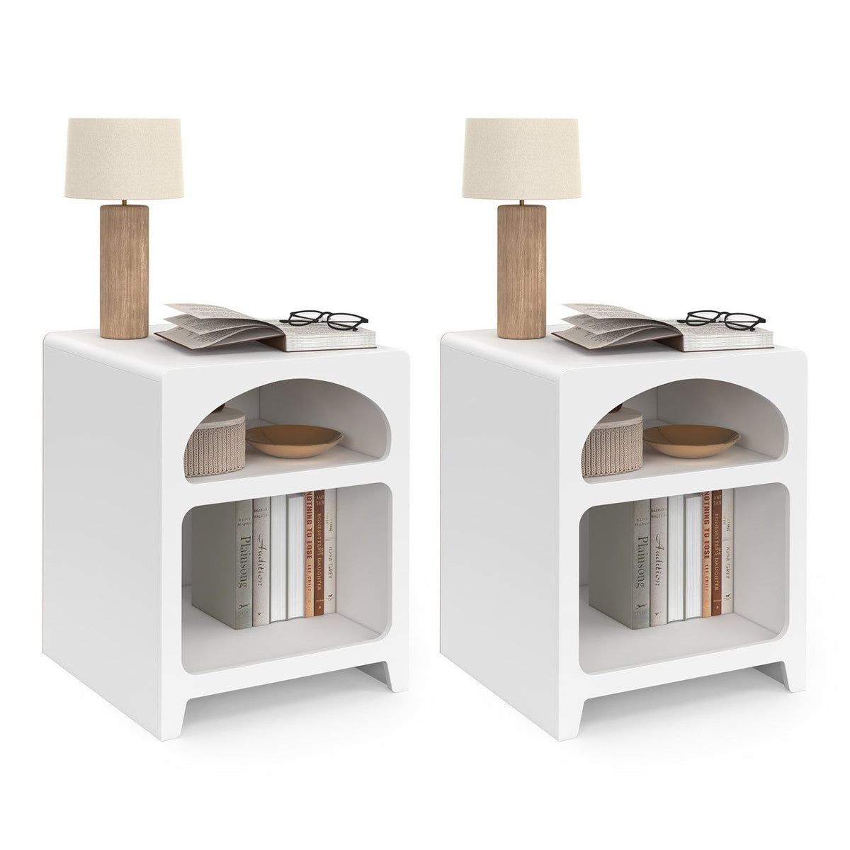 Lot de 2 tables de chevet organiques ALESIA bois blanc 2 compartiments