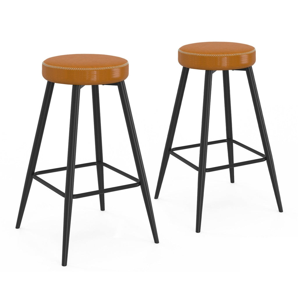 Lot de 2 tabourets de bar ISAURE marron avec coutures et pieds en métal noir