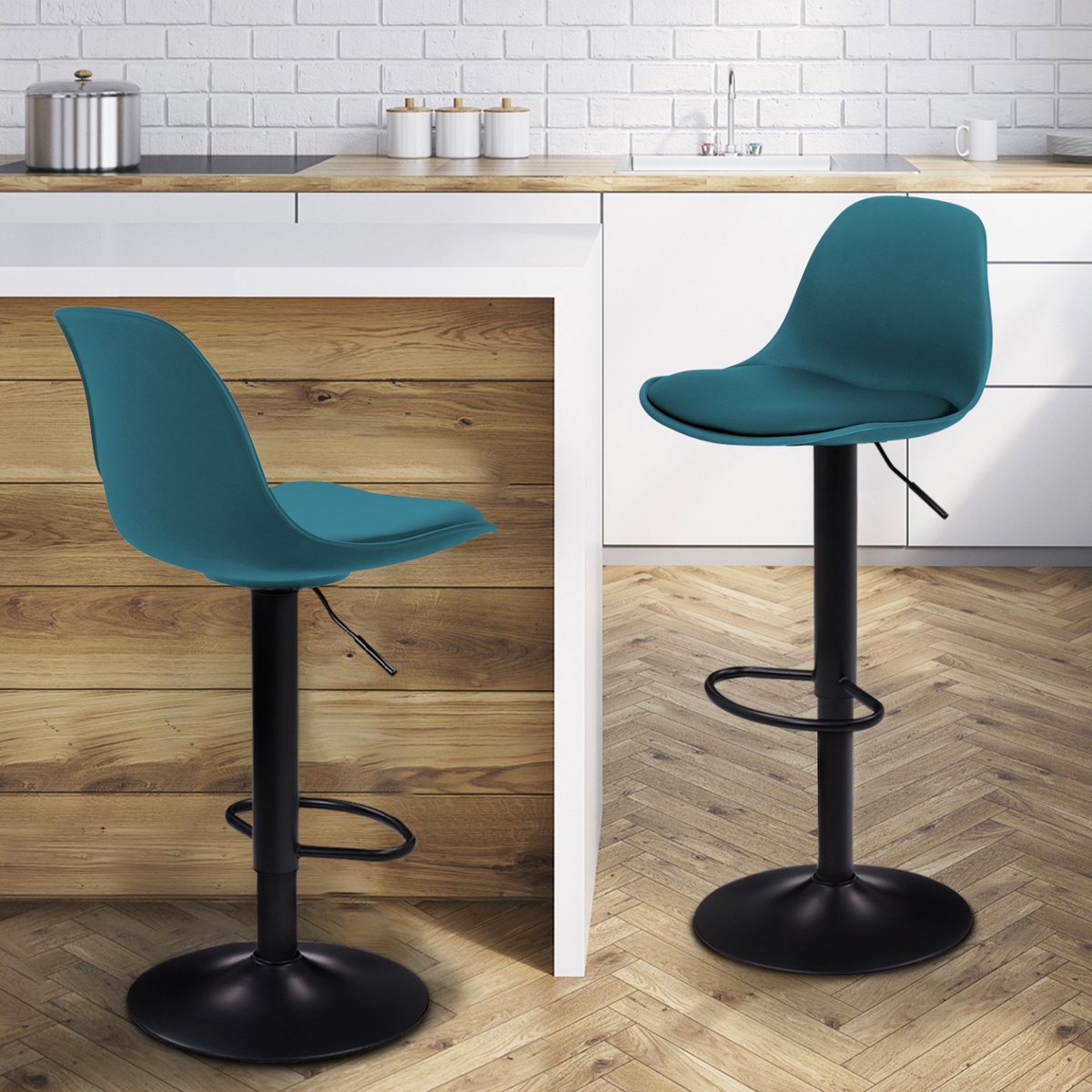 Lot de 2 tabourets de bar design KARL bleu canard pied noir