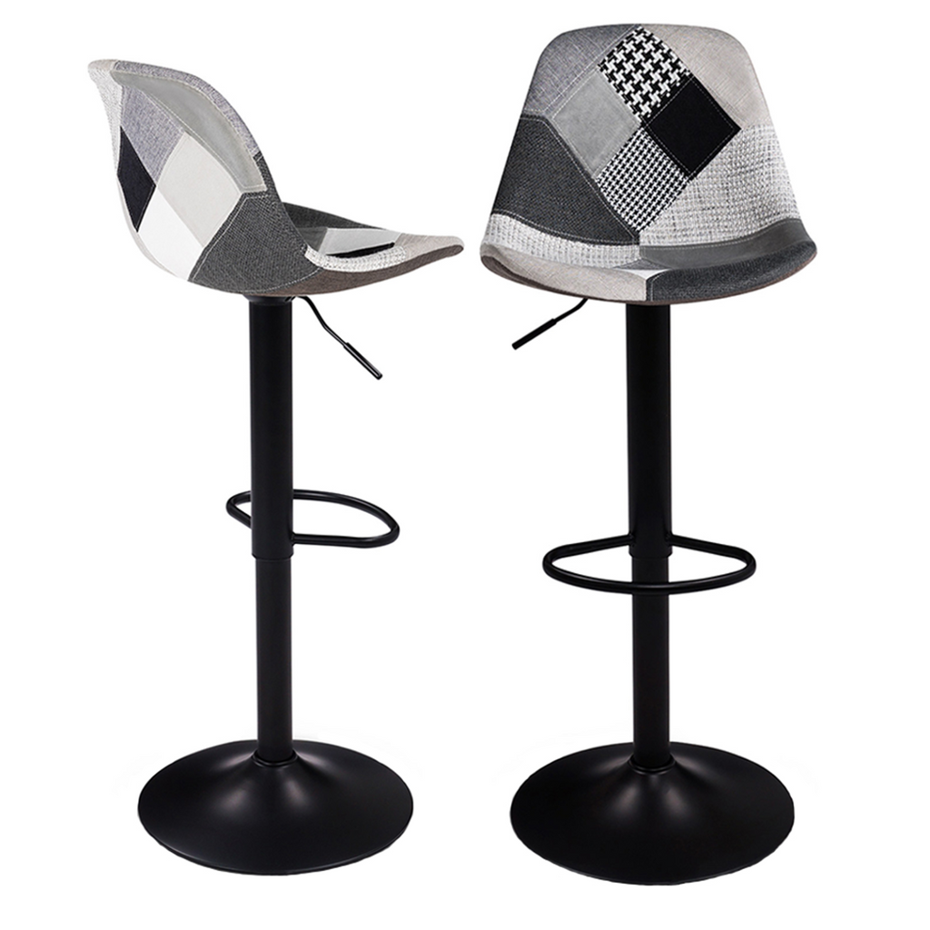 Lot de 2 tabourets de bar design KARL patchwork noir, gris et blanc, pied noir