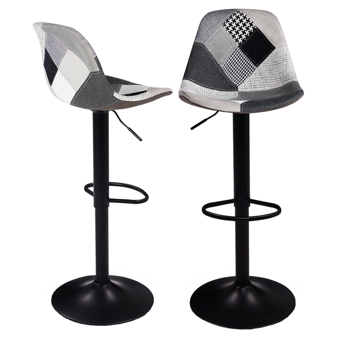 Lot de 2 tabourets de bar design KARL patchwork noir, gris et blanc, pied noir