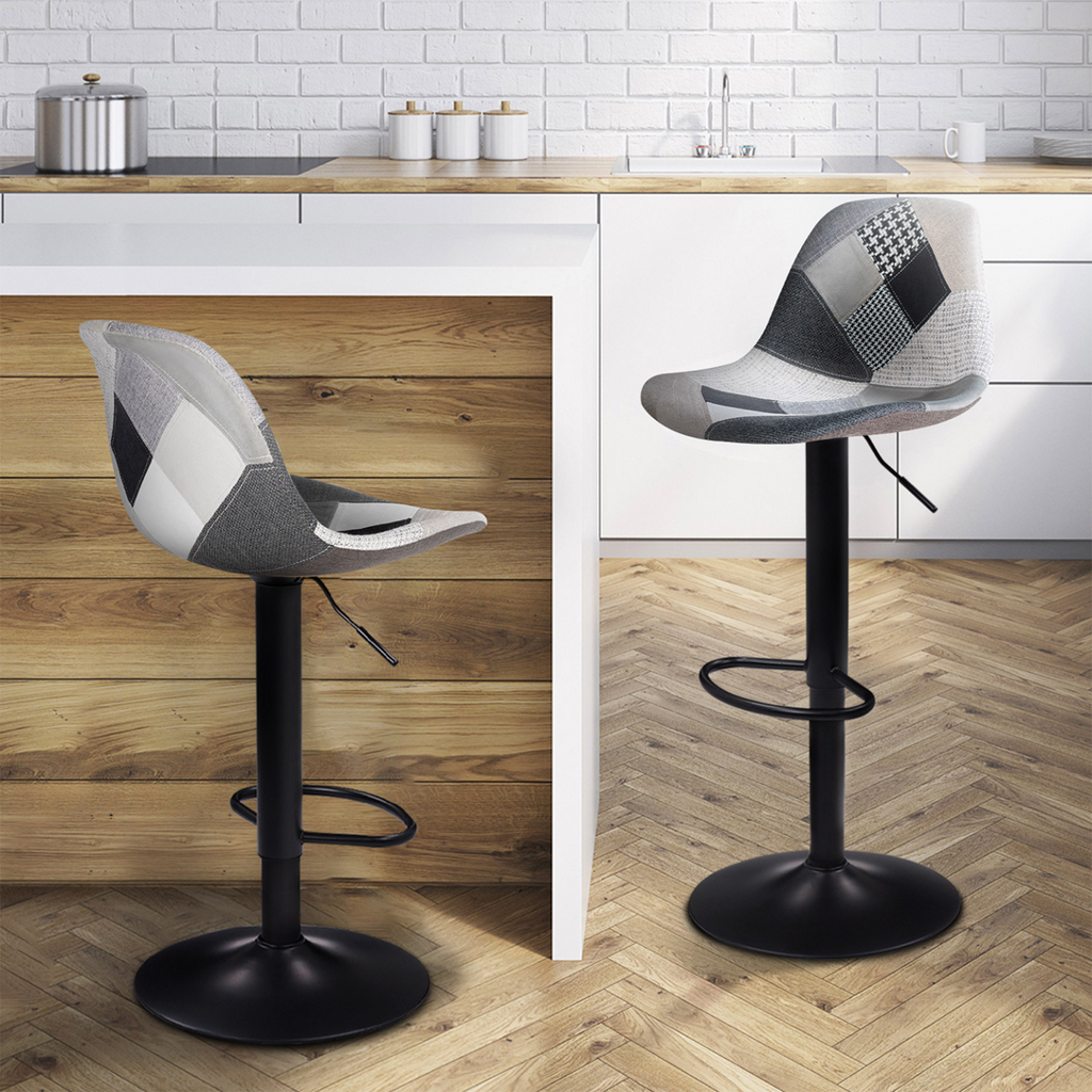 Lot de 2 tabourets de bar design KARL patchwork noir, gris et blanc, pied noir