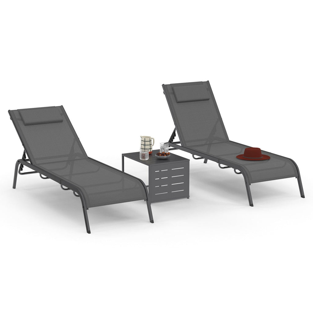 Lot de 2 chaises longues de jardin inclinables BORA avec table d'appoint modulable en acier gris anthracite et toile grise