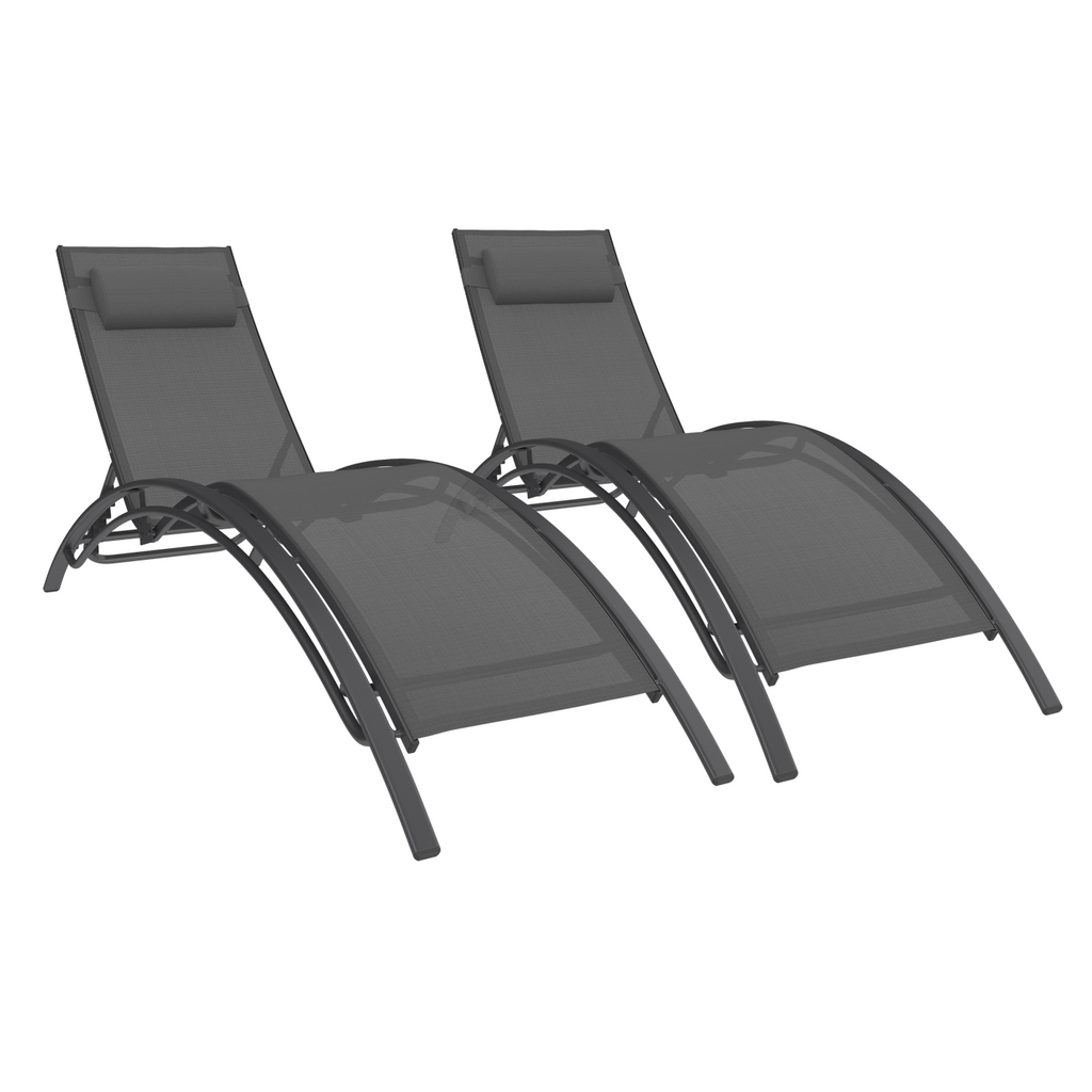 Lot de 2 chaises longues de jardin inclinables en acier HAVANE gris anthracite et toile grise avec coussin