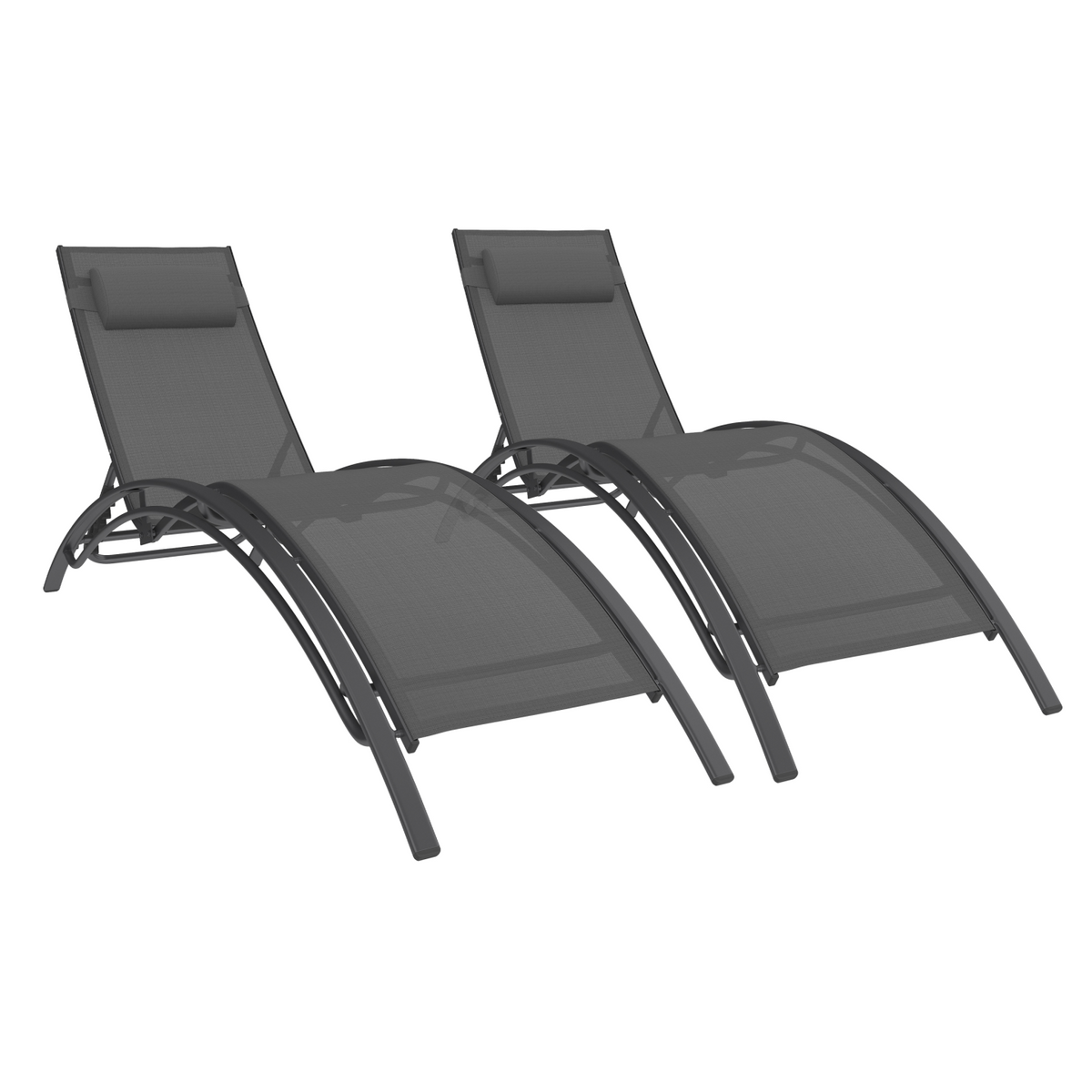 Lot de 2 chaises longues de jardin inclinables en acier HAVANE gris anthracite et toile grise avec coussin