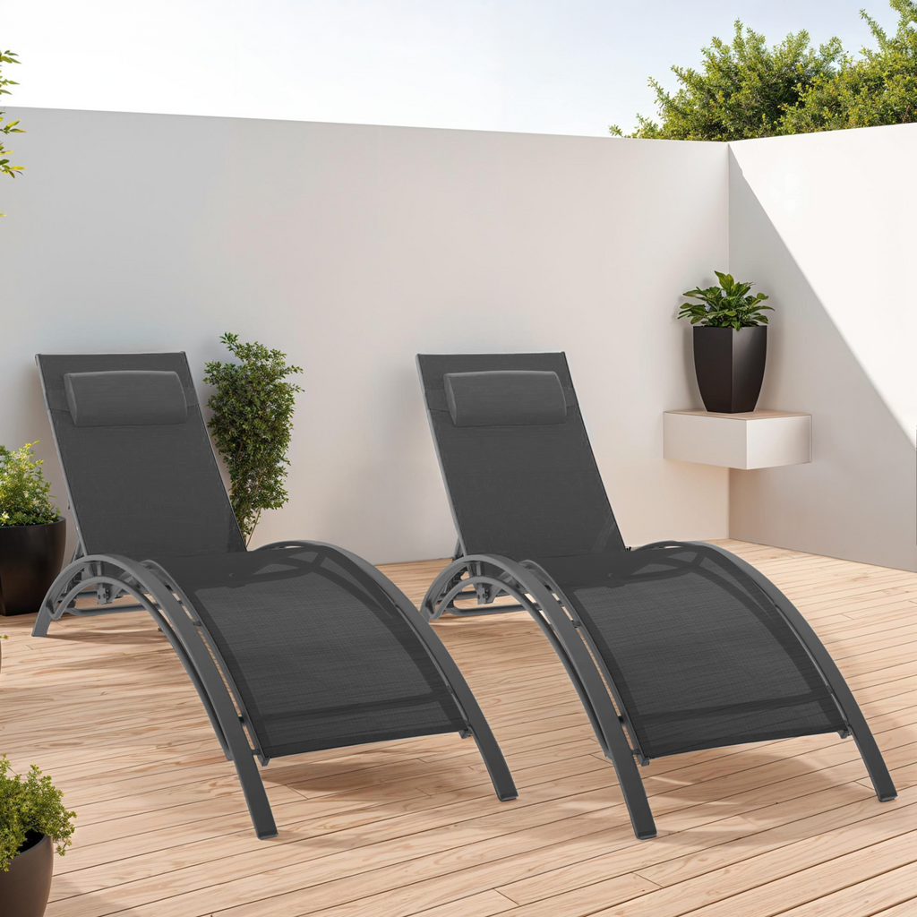Lot de 2 chaises longues de jardin inclinables en acier HAVANE gris anthracite et toile grise avec coussin