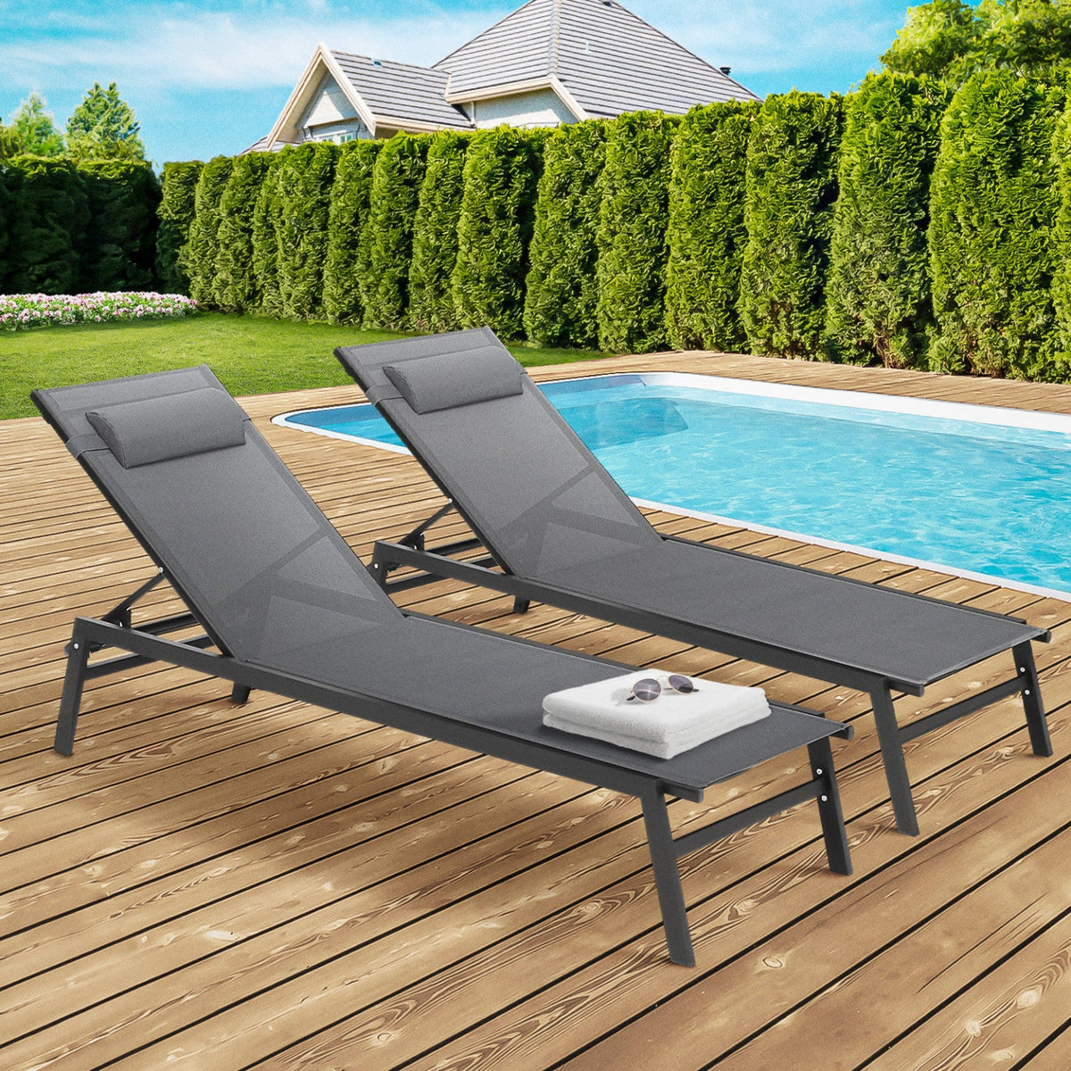 Lot de 2 bains de soleil inclinables en aluminium SINTRA gris anthracite et noir