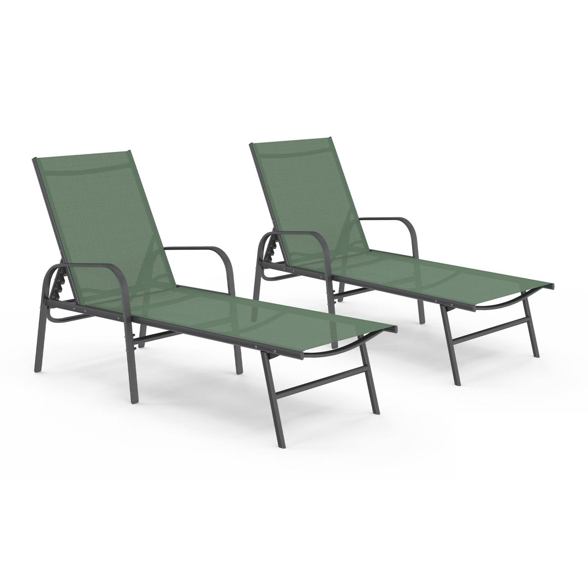 Set of 2 FIDJI reclining garden loungers in steel and olive green fabric