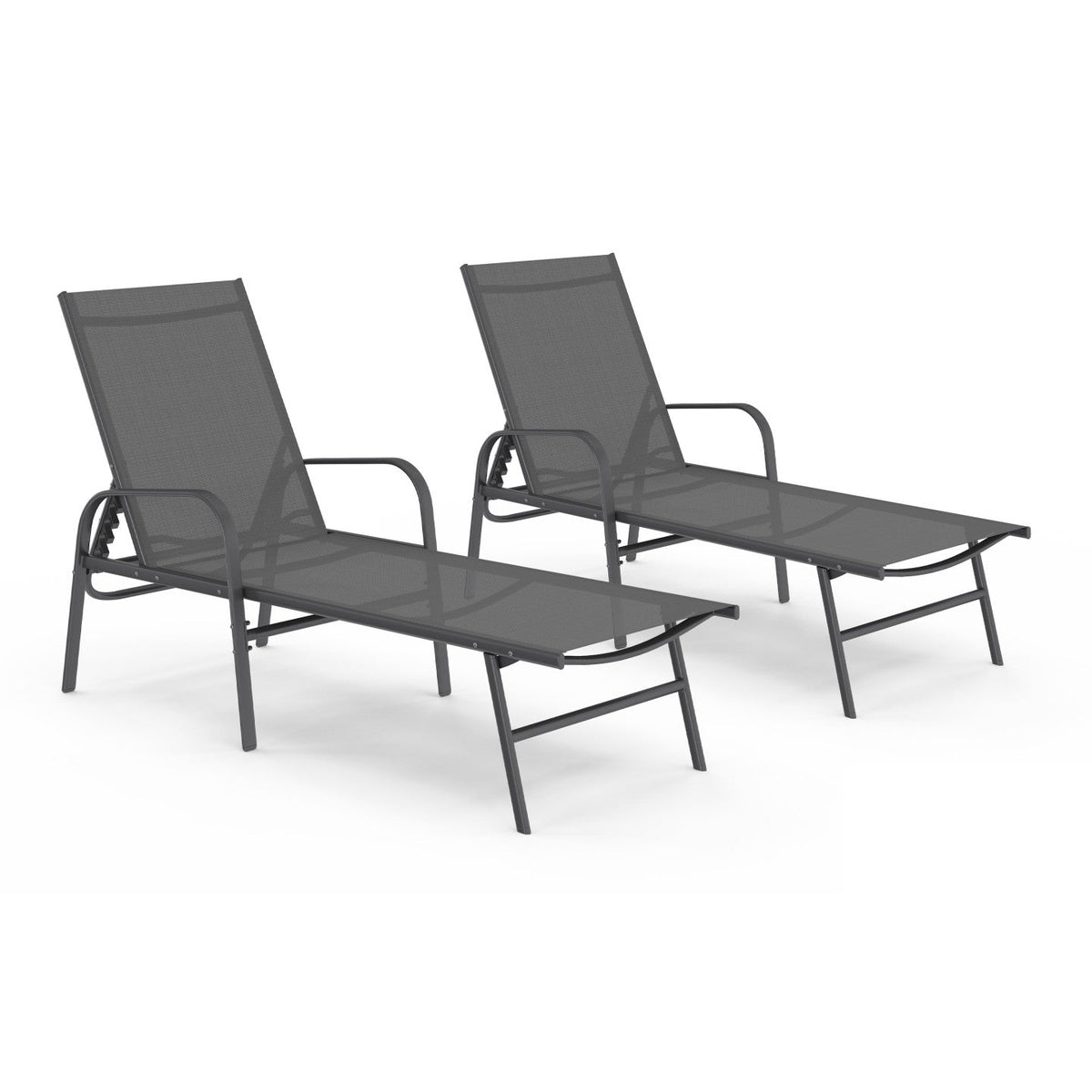 Set de 2 chaises longues de jardin inclinables FIDJI en acier gris anthracite et toile grise