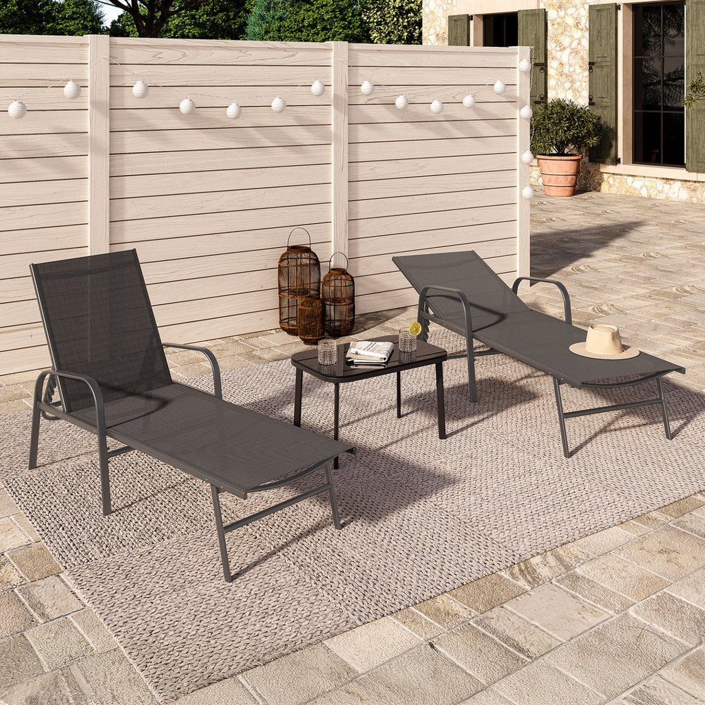 Set de 2 chaises longues de jardin inclinables FIDJI en acier gris anthracite et toile grise
