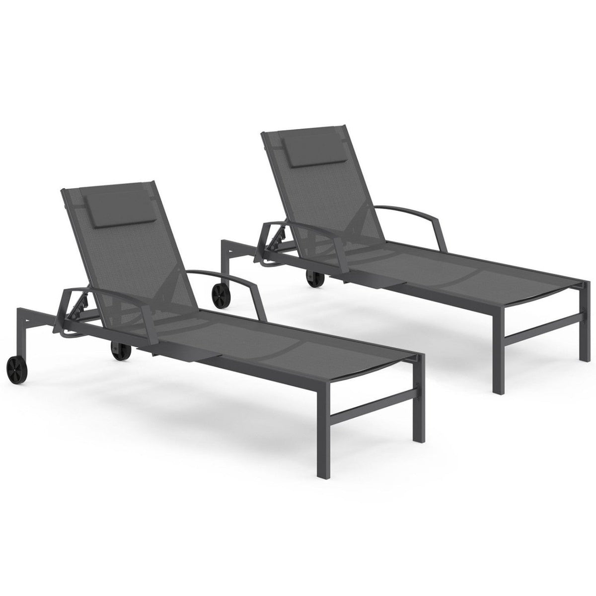 Lot de 2 transats de jardin inclinables JAVA avec tablettes en acier gris et toile grise