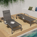 Lot de 2 transats de jardin inclinables JAVA avec tablettes en acier gris et toile grise