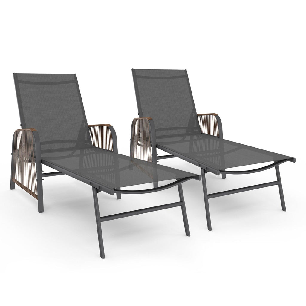Lot de 2 transats de jardin inclinables RIO en acier gris anthracite, cordage effet rotin avec accoudoirs et toile grise