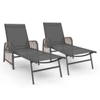 Lot de 2 transats de jardin inclinables RIO en acier gris anthracite, cordage effet rotin avec accoudoirs et toile grise