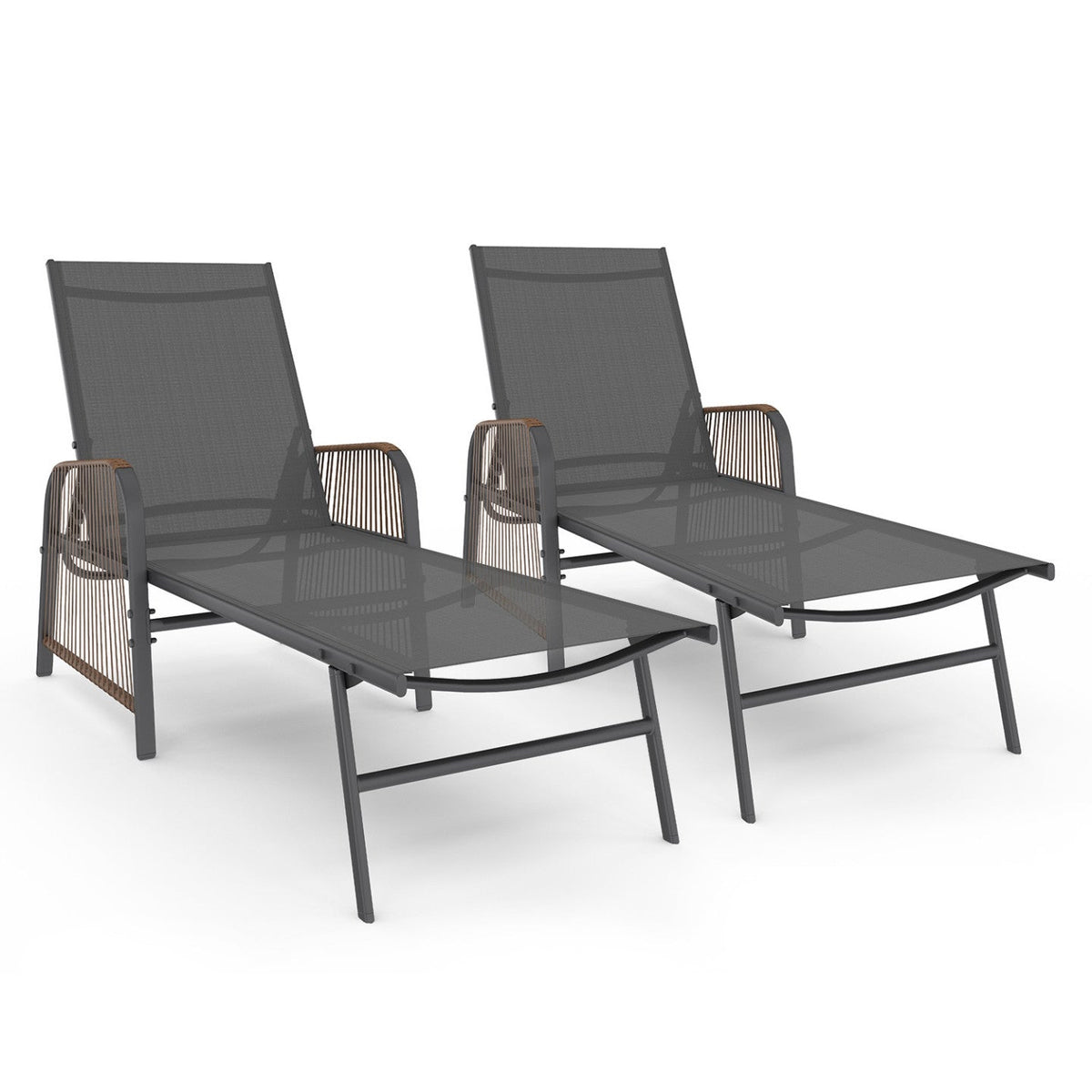 Lot de 2 transats de jardin inclinables RIO en acier gris anthracite, cordage effet rotin avec accoudoirs et toile grise