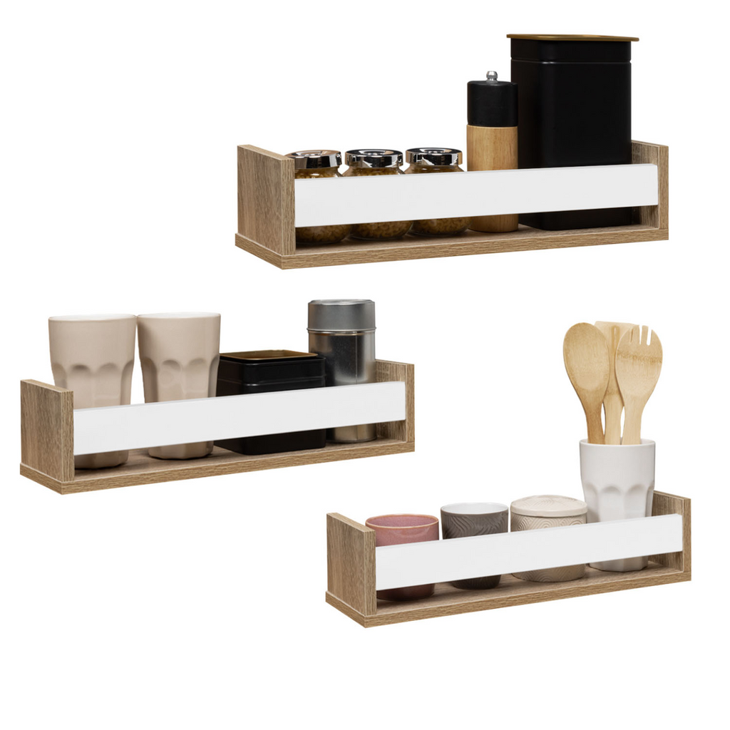 Lot de 3 étagères à épices murales JULES aspect hêtre et blanc