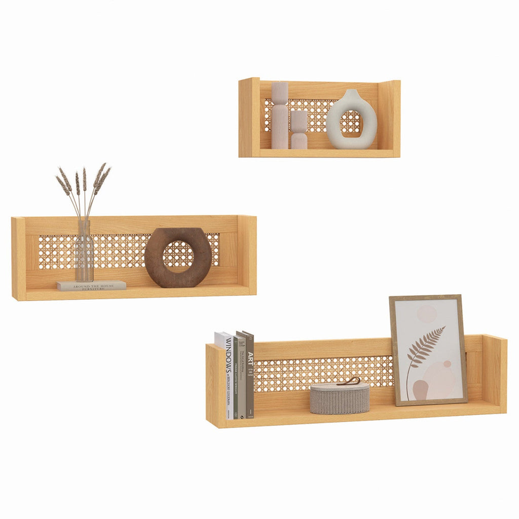 Lot de 3 étagères murales EDHEN en bois et cannage 60/45/30 cm