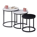 Lot de 3 tables basses gigognes rondes ALASKA 35/40/45 cm effet marbre et noir, pieds en métal