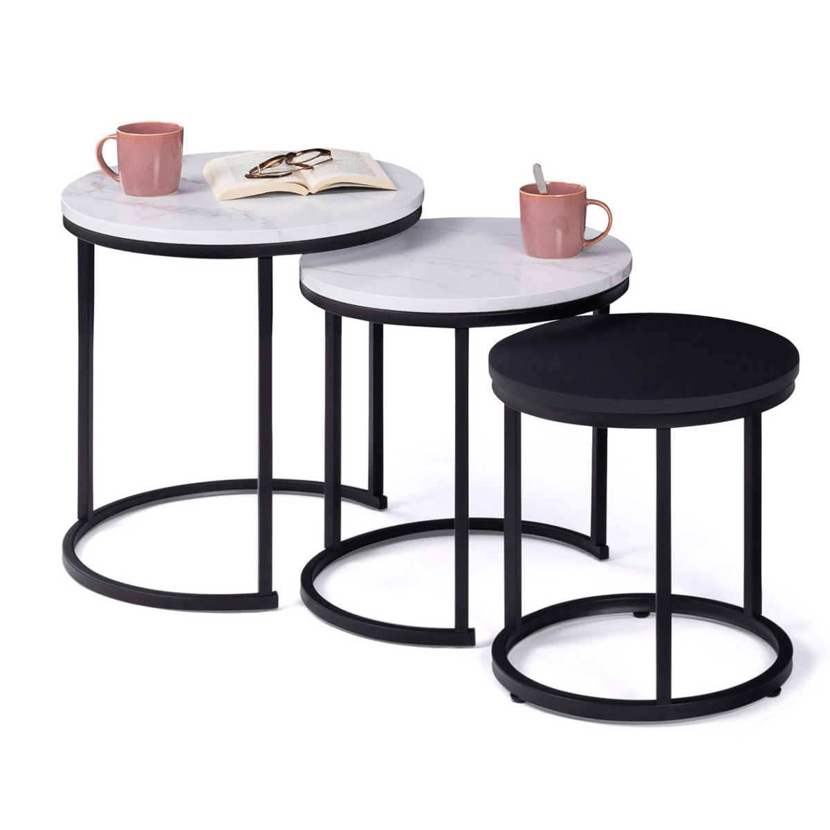 Lot de 3 tables basses gigognes rondes ALASKA 35/40/45 cm effet marbre et noir, pieds en métal