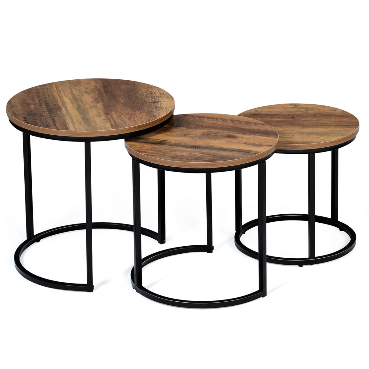 Lot de 3 tables basses gigognes rondes HAWKINS 30/40/45 cm bois foncé design industriel