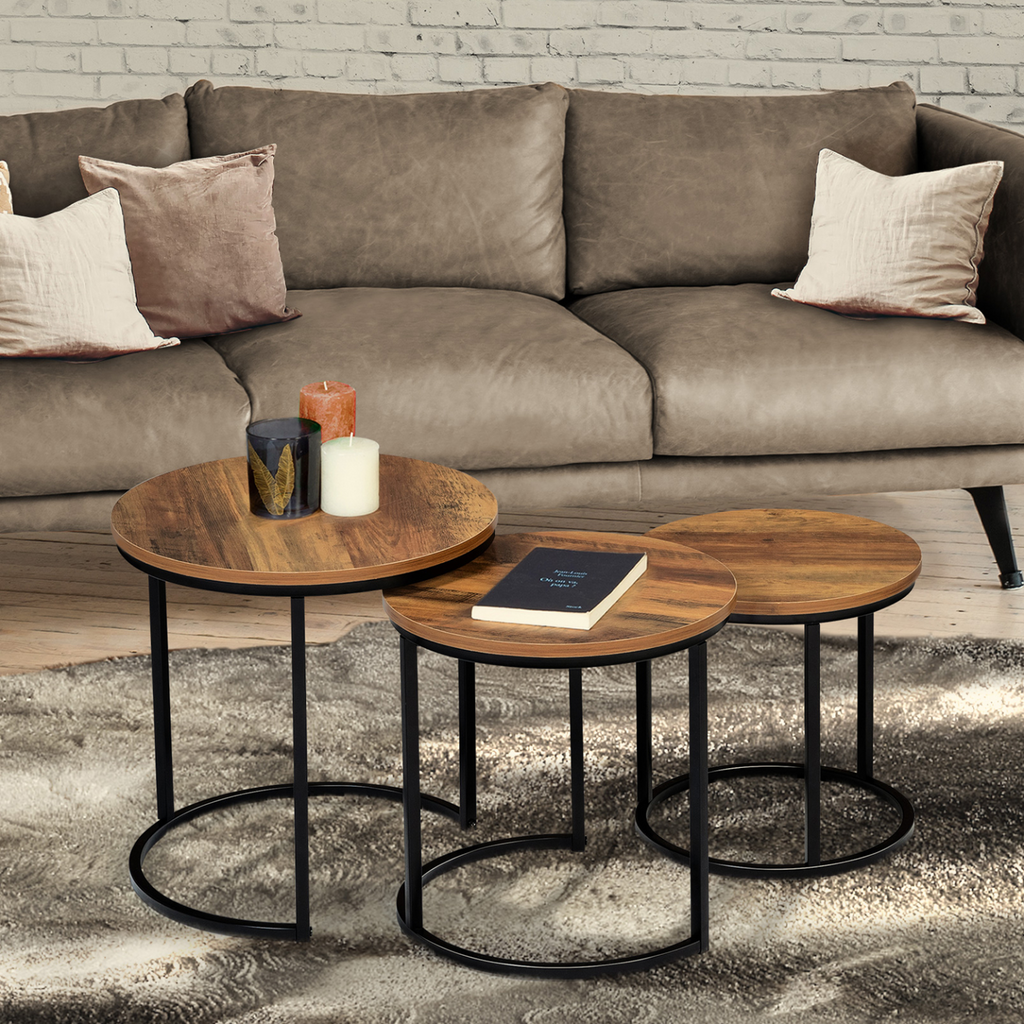 Lot de 3 tables basses gigognes rondes HAWKINS 30/40/45 cm bois foncé design industriel