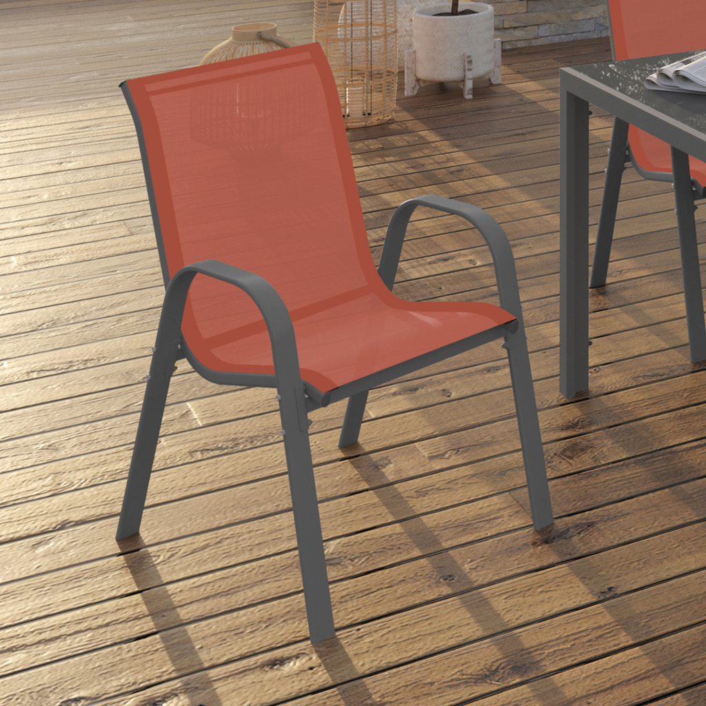 Lot de 4 chaises de jardin empilables LYMA en métal et textilène terracotta et gris