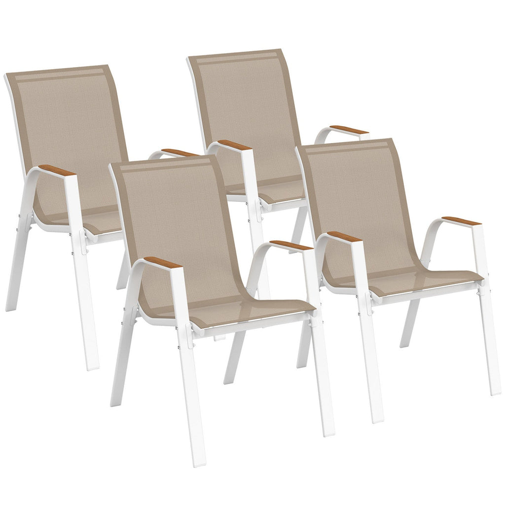 Lot de 4 chaises de jardin empilables NOUMÉA en métal et textilène blanc et bois