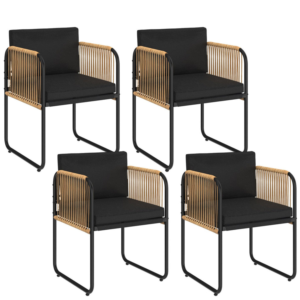 Set de 4 chaises de jardin RIO structure métal noir, cordage effet rotin clair et coussins noirs