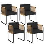 Set de 4 chaises de jardin RIO structure métal noir, cordage effet rotin clair et coussins noirs