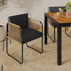 Set de 4 chaises de jardin RIO structure métal noir, cordage effet rotin clair et coussins noirs