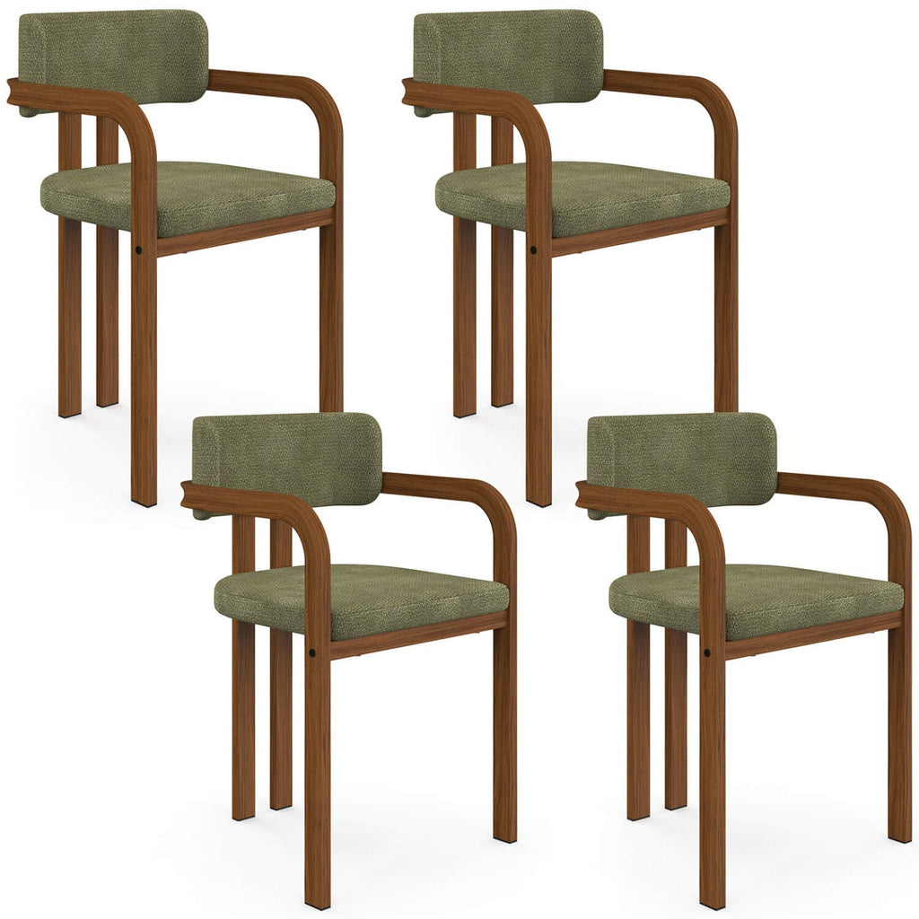 Lot de 4 chaises de salle à manger, fauteuils de table ESMA en métal effet noyer et tissu chenille vert avec accoudoirs