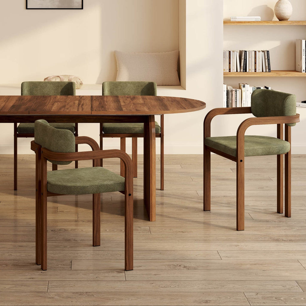 Lot de 4 chaises de salle à manger, fauteuils de table ESMA en métal effet noyer et tissu chenille vert avec accoudoirs