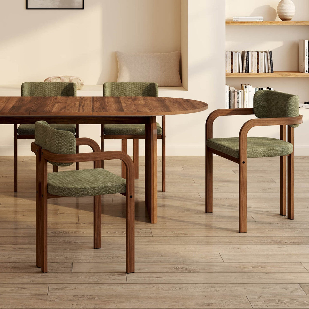 Lot de 4 chaises de salle à manger, fauteuils de table ESMA en métal effet noyer et tissu chenille vert avec accoudoirs