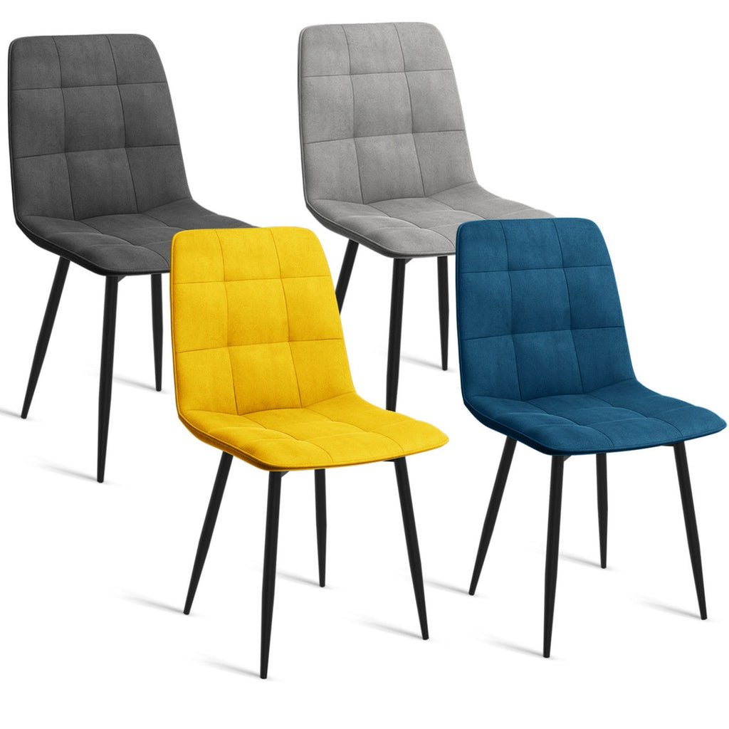 Lot de 4 chaises MILA en velours coloris assortis bleu, gris clair, gris foncé, jaune