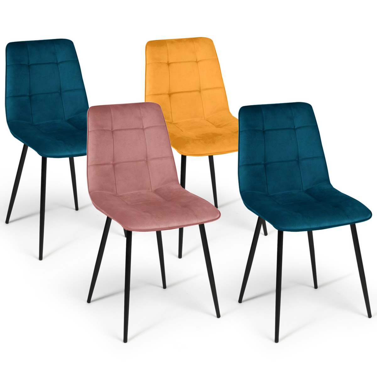 Lot de 4 chaises MILA en velours mix coloris bleu x2, jaune ocre, rose