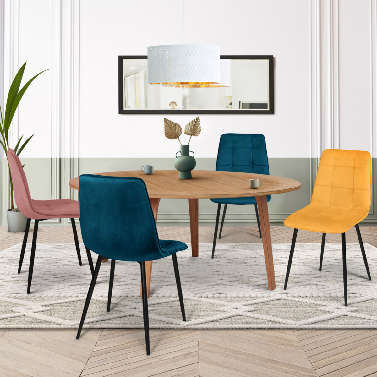 Lot de 4 chaises MILA en velours mix coloris bleu x2, jaune ocre, rose