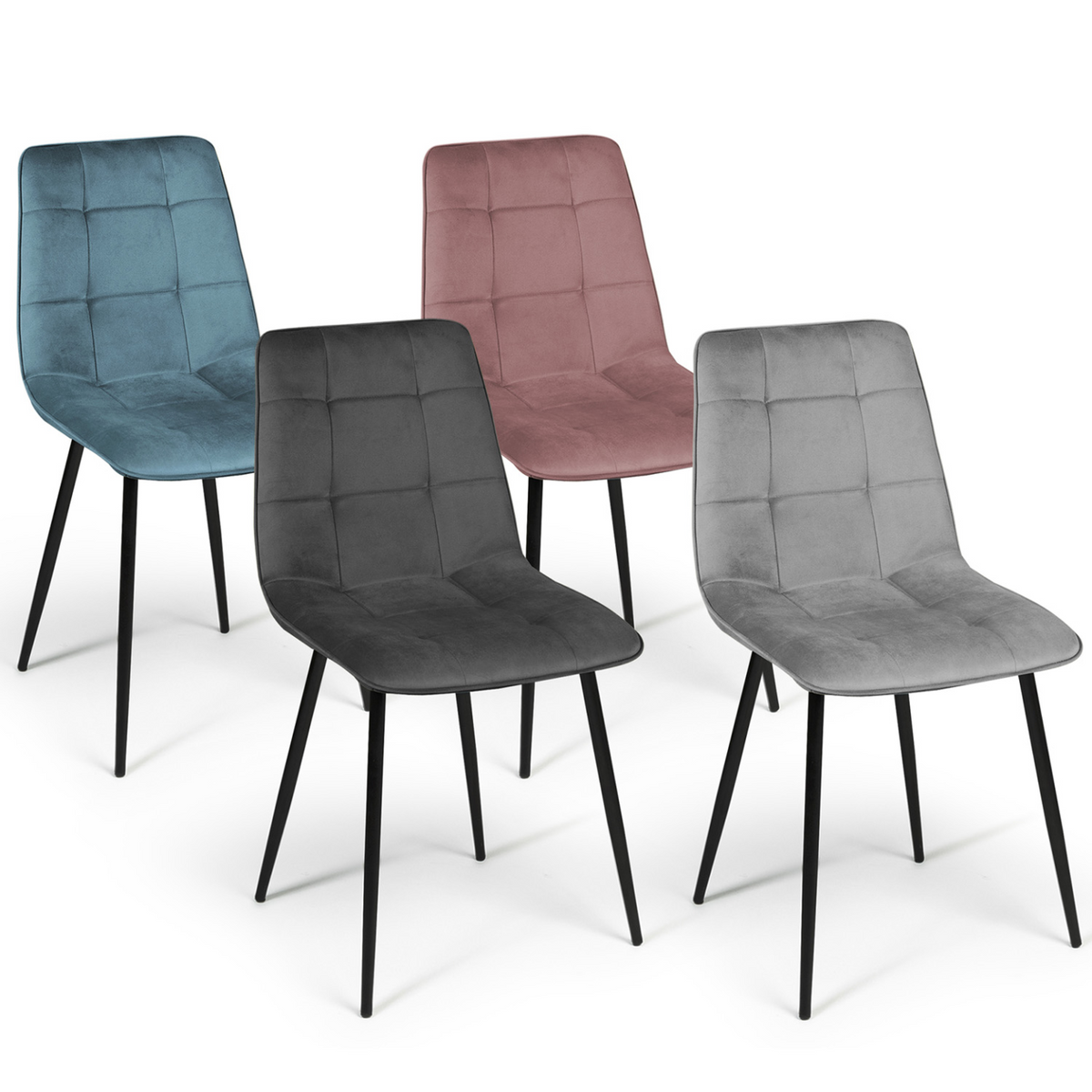 Lot de 4 chaises MILA en velours coloris assortis pastel bleu, gris clair, gris foncé, rose