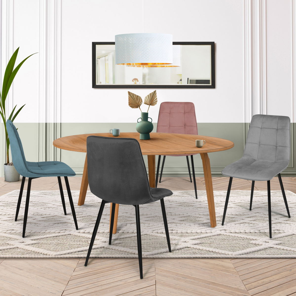 Lot de 4 chaises MILA en velours coloris assortis pastel bleu, gris clair, gris foncé, rose