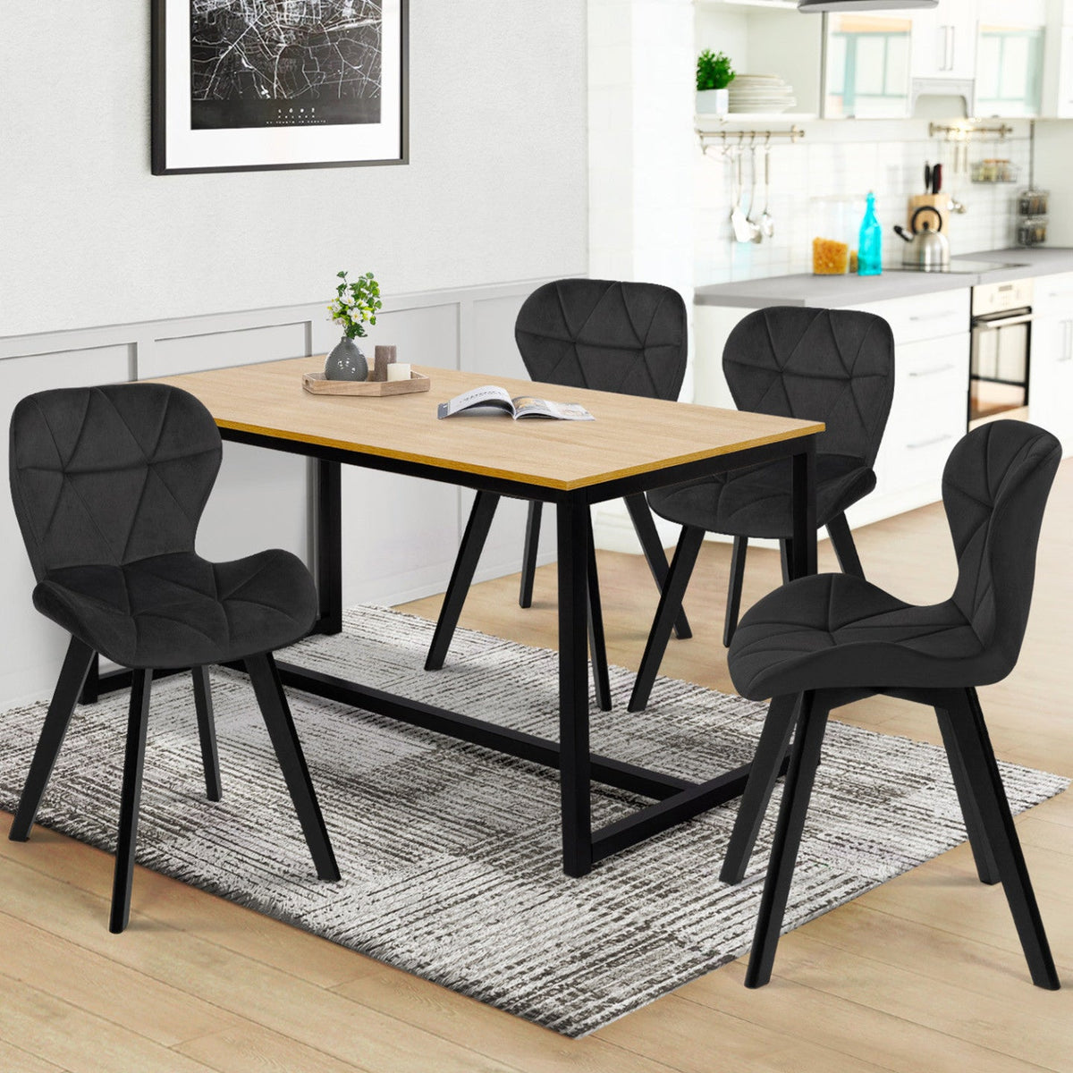 Lot de 4 chaises ROBINE en velours noir pieds noirs