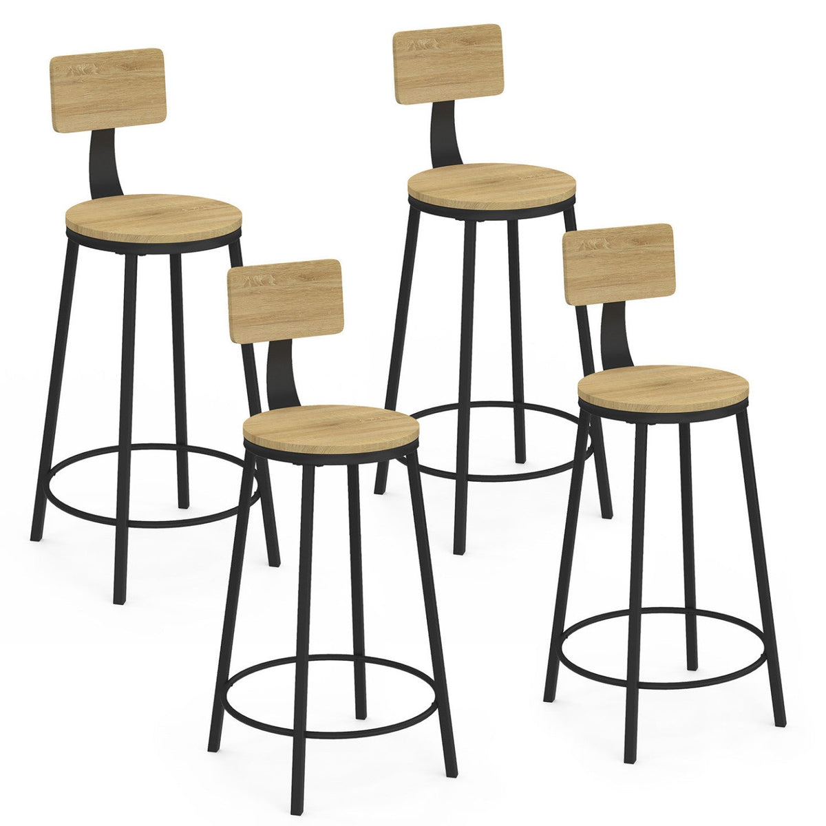 Lot de 4 tabourets de bar DETROIT à assise ronde avec dossier, design industriel