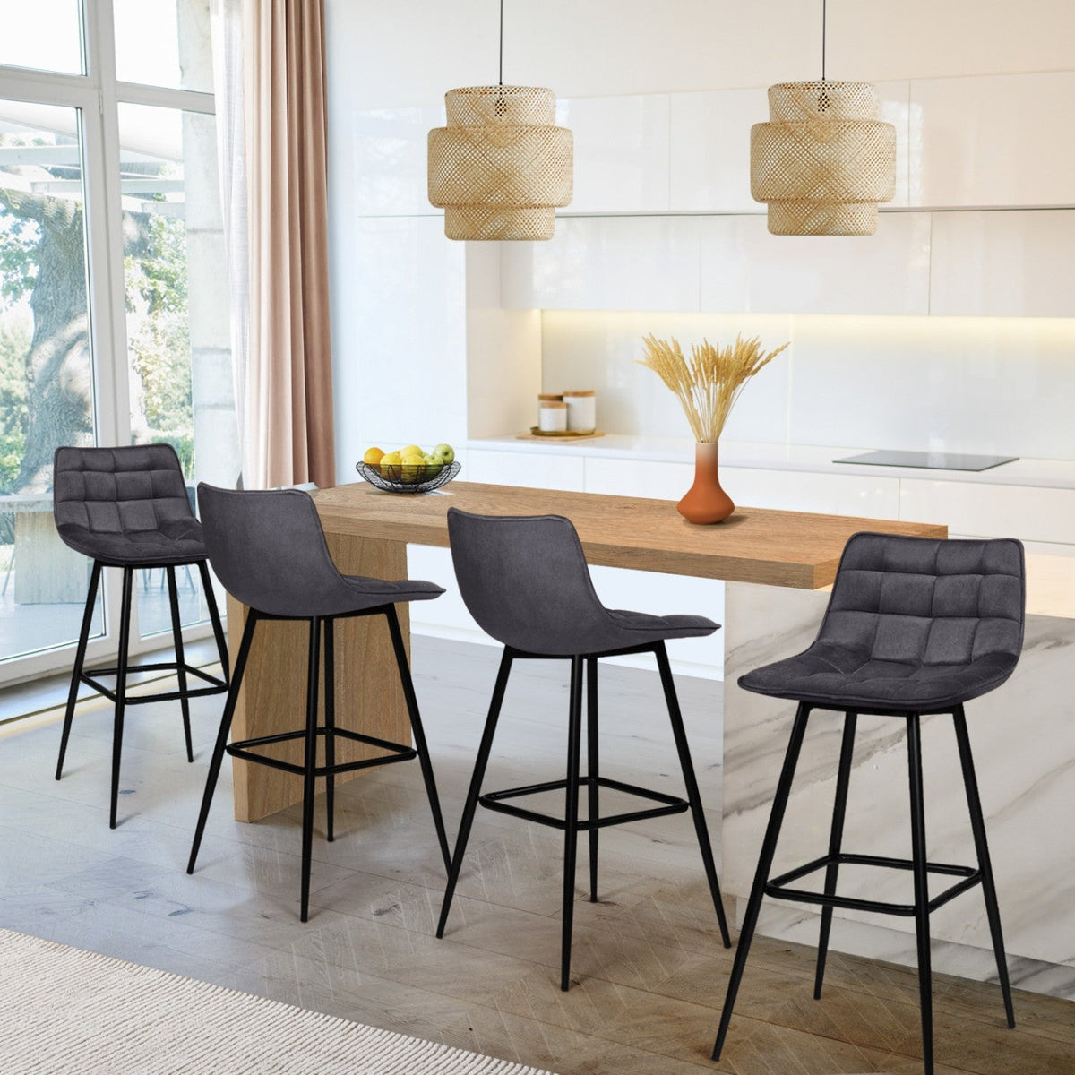 Lot de 4 tabourets de bar MADY en velours gris foncé