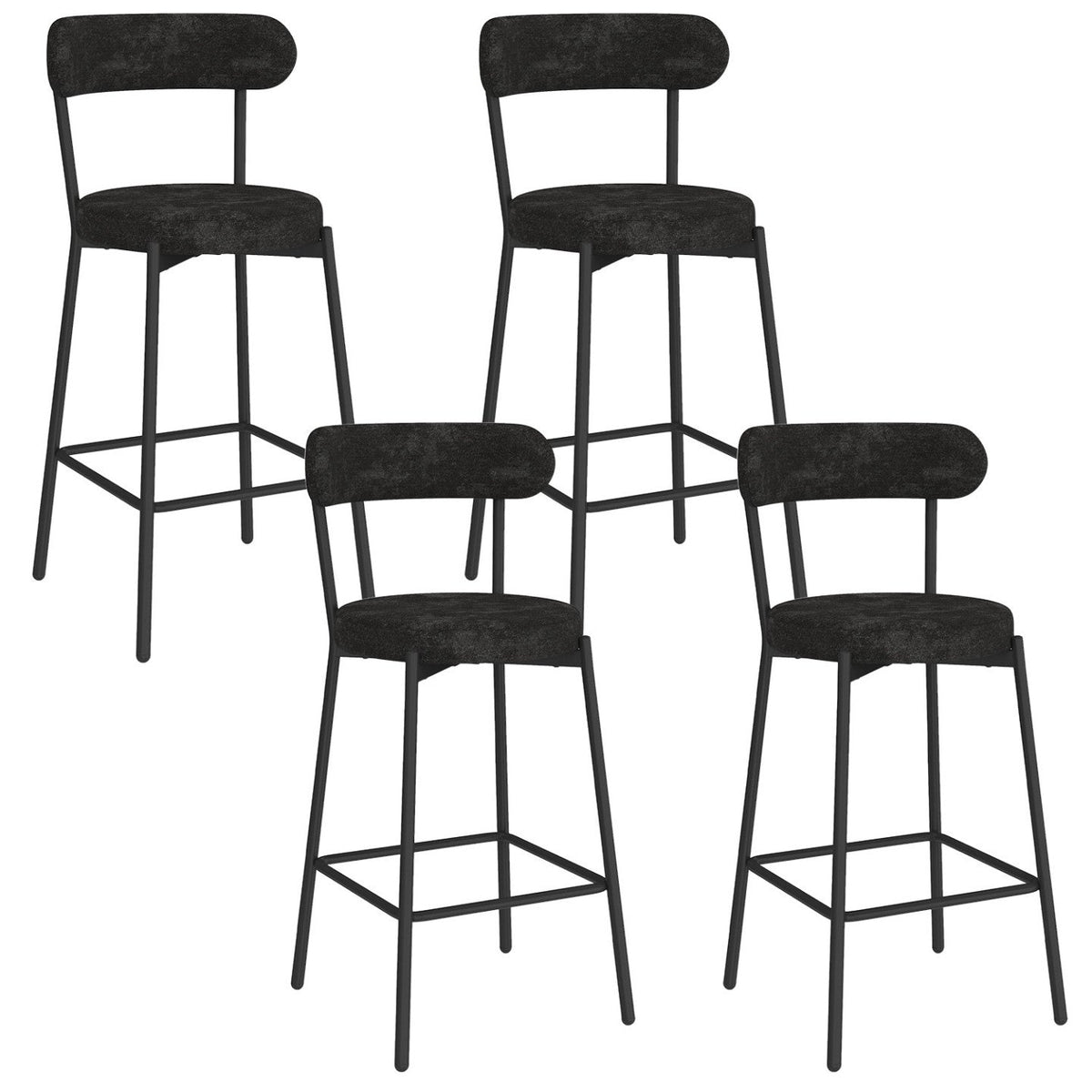 Lot de 4 tabourets de bar MIKI dossier incurvé en tissu chenille noir pieds en métal noir