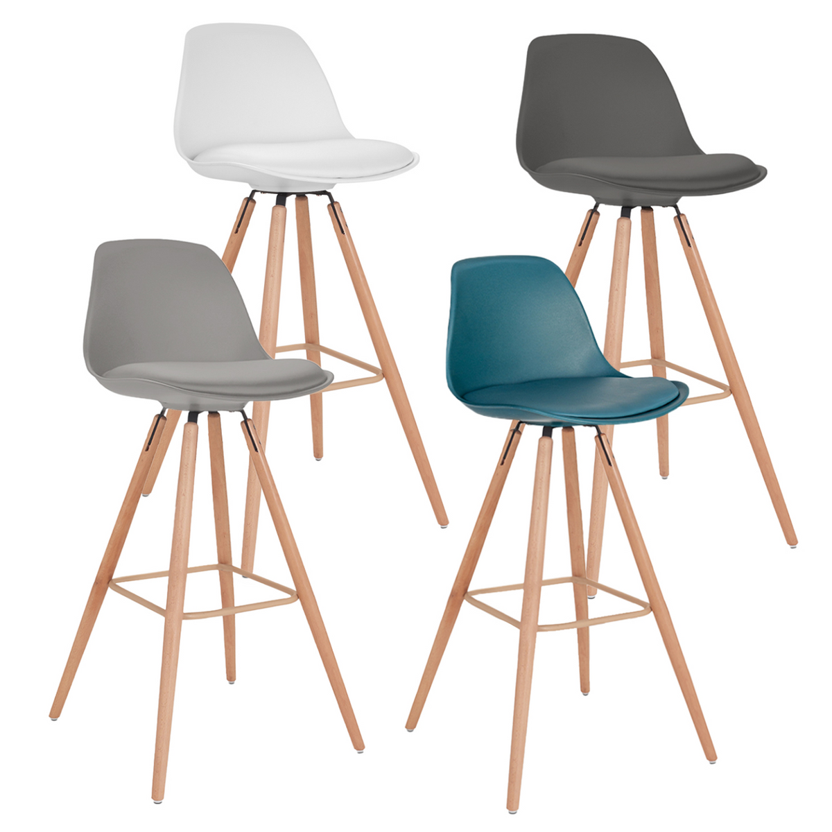 Lot de 4 tabourets de bar SARA mélange de couleurs gris foncé, gris clair, blanc et bleu canard